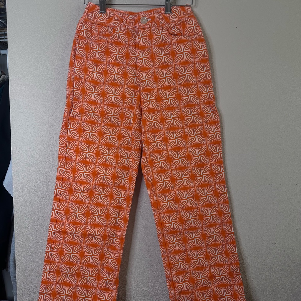 Retro Orange Geometric Straight-Leg Pants